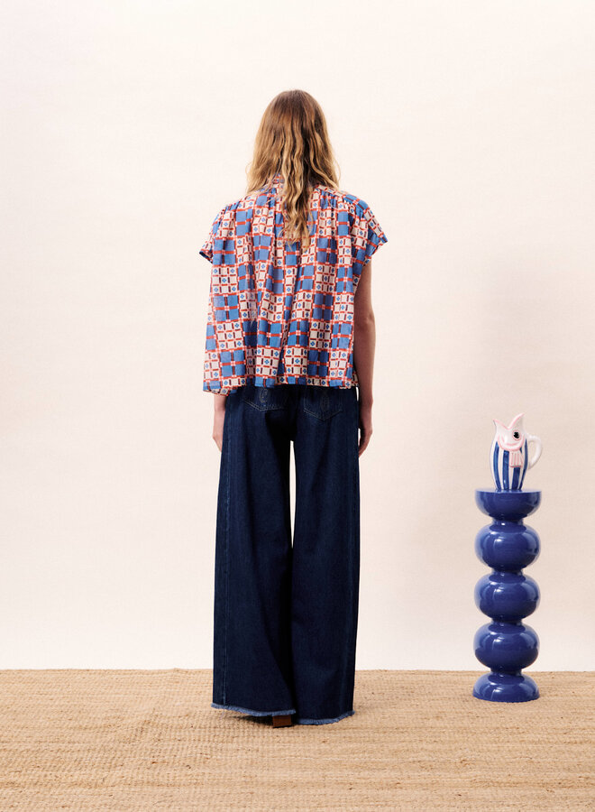 Blouse Frnch Paris Chrysocolle imprimée bleu roi, rouge & rose