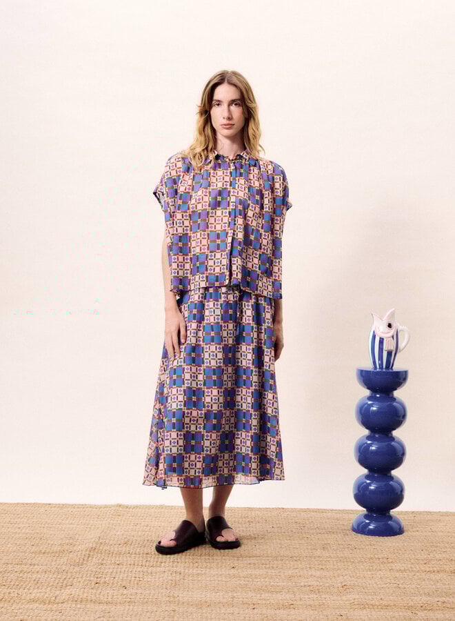 Jupe longue Frnch Paris Rigel imprimé bleu roi, rouge & rose