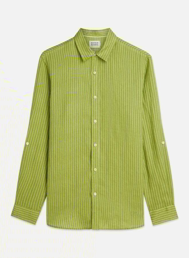 Chemise Scotch & Soda en lin blanche rayée vert jardin