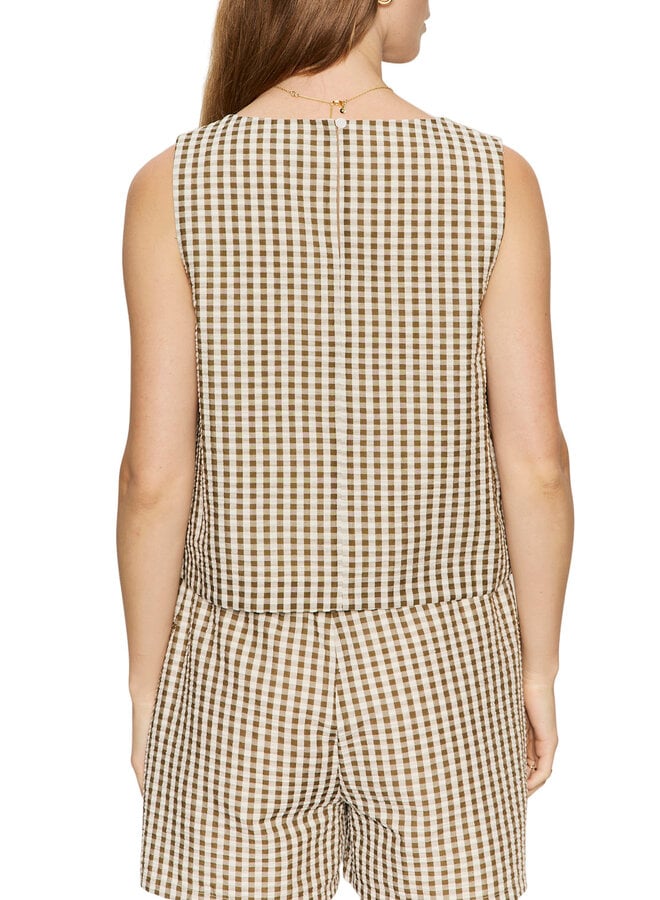 Haut Sanctuary Better Days sans manches à carreaux vichy brun khaki & écrus