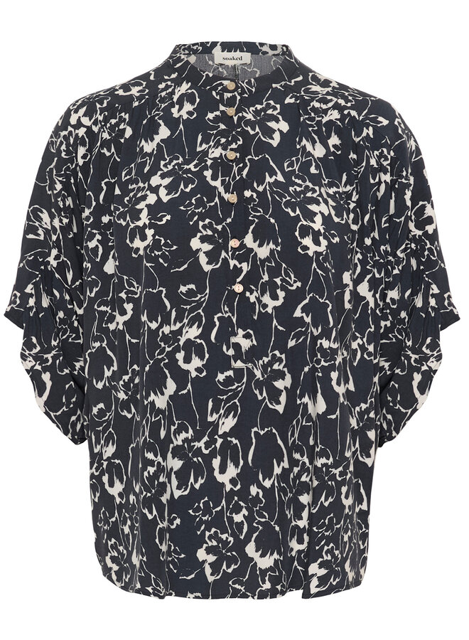 Blouse Soaked Arjana ample bleu marine fleurie blanche