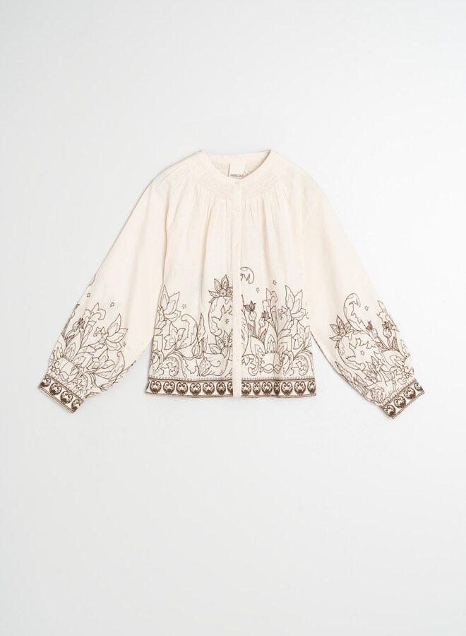 Blouse Indi & Cold à manches 3/4 crème à broderies vert khaki