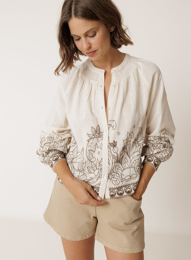 Blouse Indi & Cold à manches 3/4 crème à broderies vert khaki