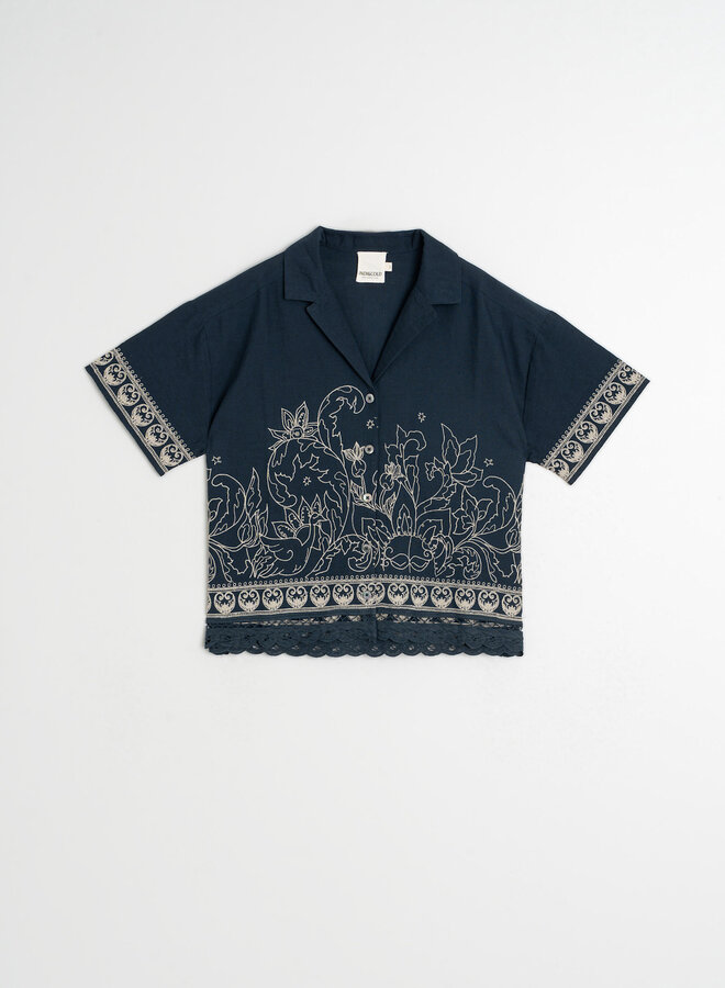 Blouse Indi & Cold à manches courtes bleu marine à broderies crème