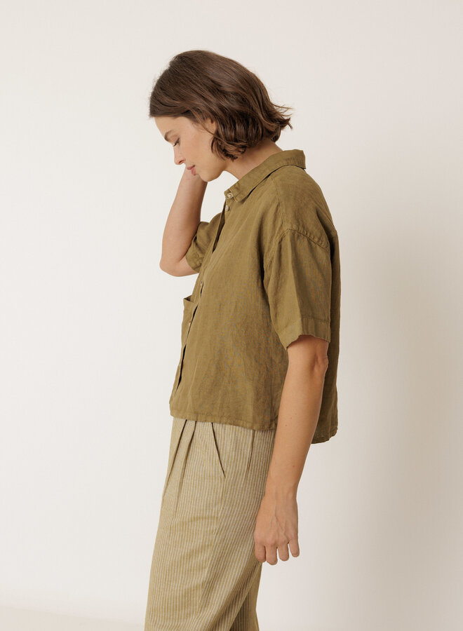 Chemise Indi & Cold à manches courtes en lin vert khaki