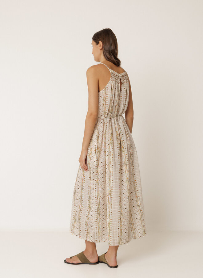 Robe longue Indi & Cold à bretelles fines crème imprimée ethnique vert khaki & orange