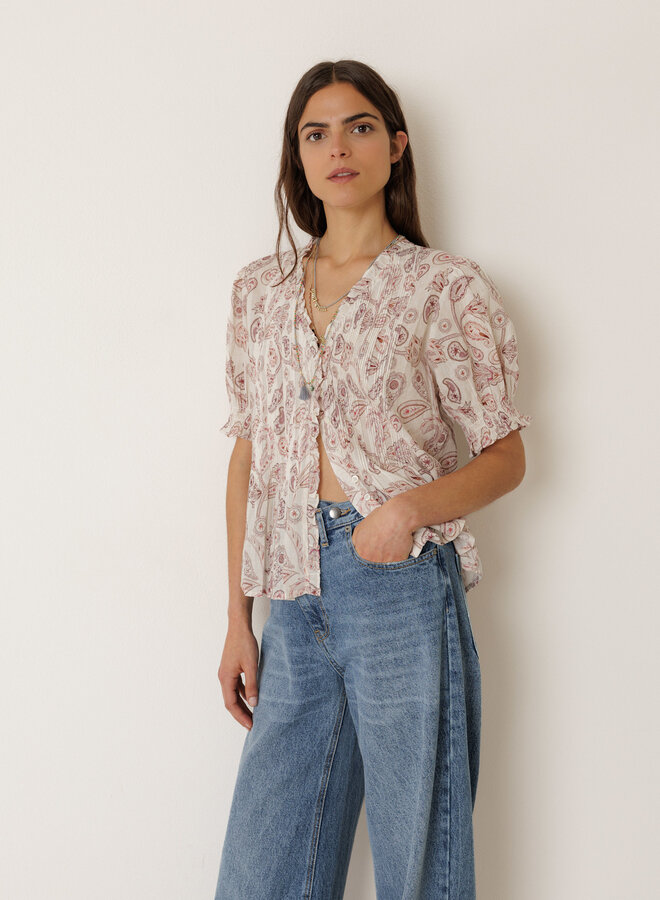 Blouse Indi & Cold à manches courtes blanche paisley rose litchi