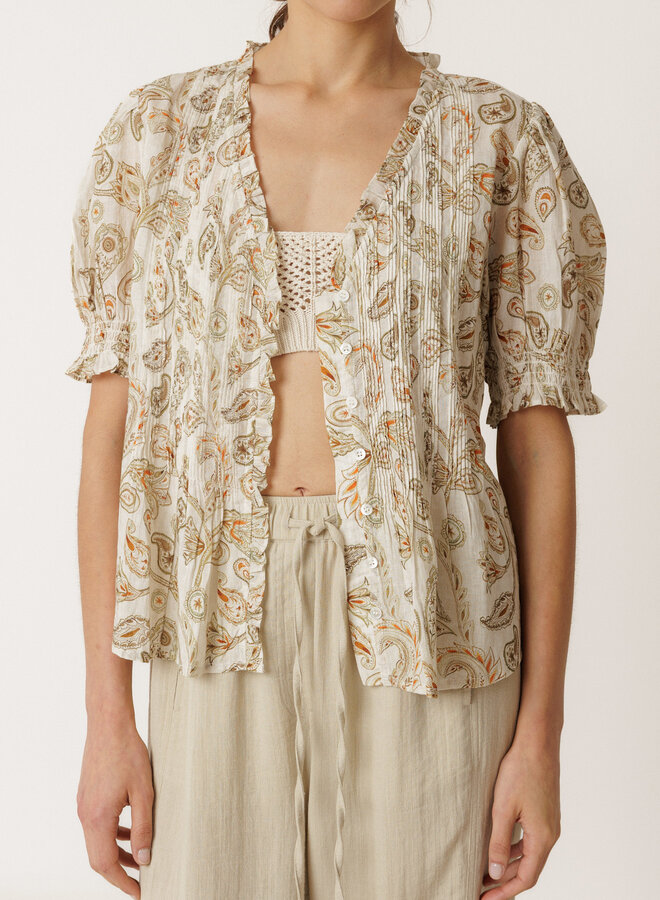 Blouse Indi & Cold à manches courtes crème paisley vert khaki & orange