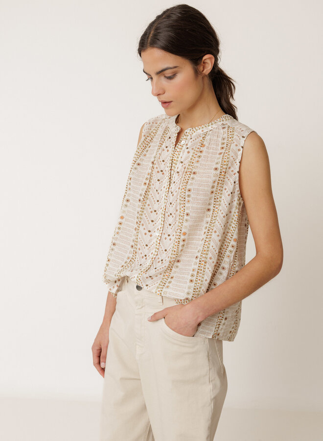 Blouse Indi & Cold sans manches crème imprimée ethnique vert khaki & orange
