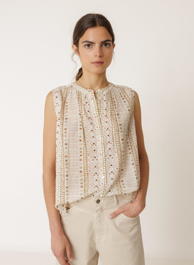 Blouse Indi & Cold sans manches crème imprimée ethnique vert khaki & orange