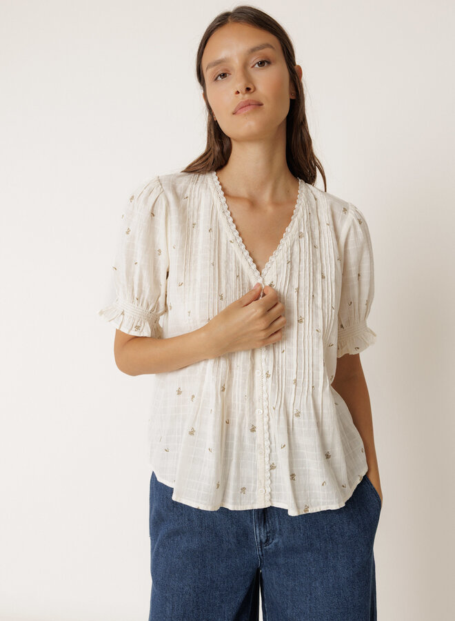 Blouse Indi & Cold à manches courtes & col V crème à broderies florales vert khaki