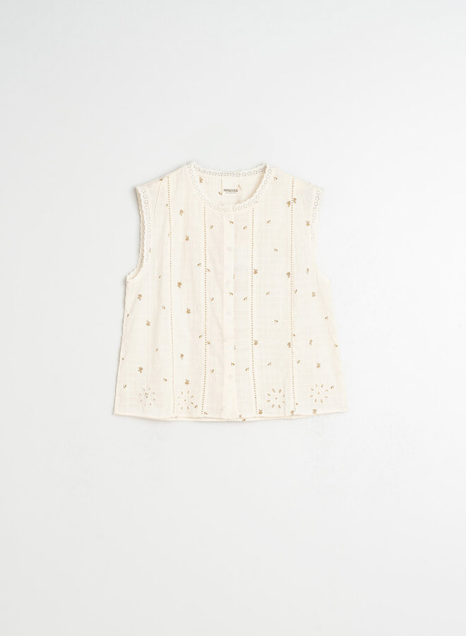 Blouse Indi & Cold sans manches crème à broderies florales vert khaki