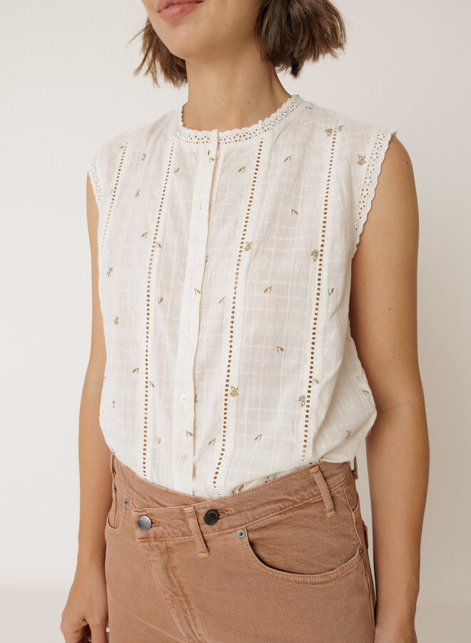 Blouse Indi & Cold sans manches crème à broderies florales vert khaki