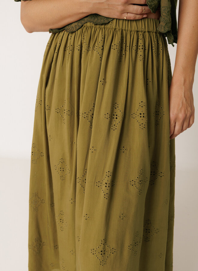 Jupe longue Indi & Cold en broderies anglaises vert khaki