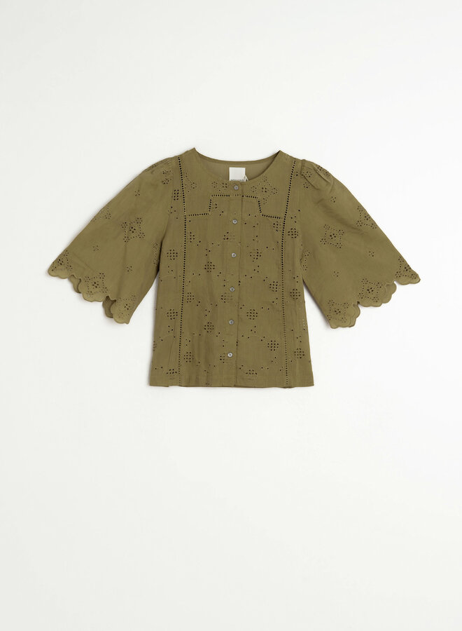 Blouse Indi & Cold à manches aux coudes en broderies anglaises vert khaki