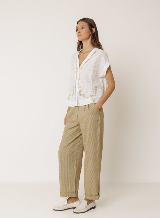 Pantalon Indi & Cold à plis vert khaki rayé