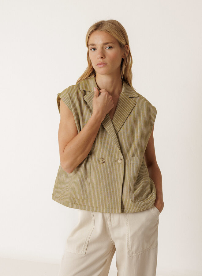 Gilet Indi & Cold à fermeture croisée sans manches vert khaki rayé
