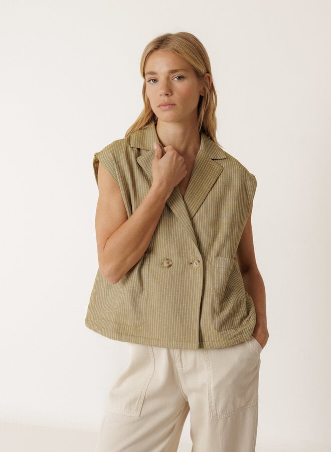 Gilet Indi & Cold à fermeture croisée sans manches vert khaki rayé