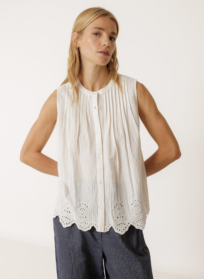Blouse Indi & Cold bi-matière sans manches avec broderies au bas crème