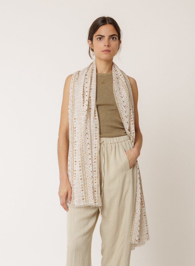 Foulard Indi & Cold crème imprimé ethnique vert khaki & orange