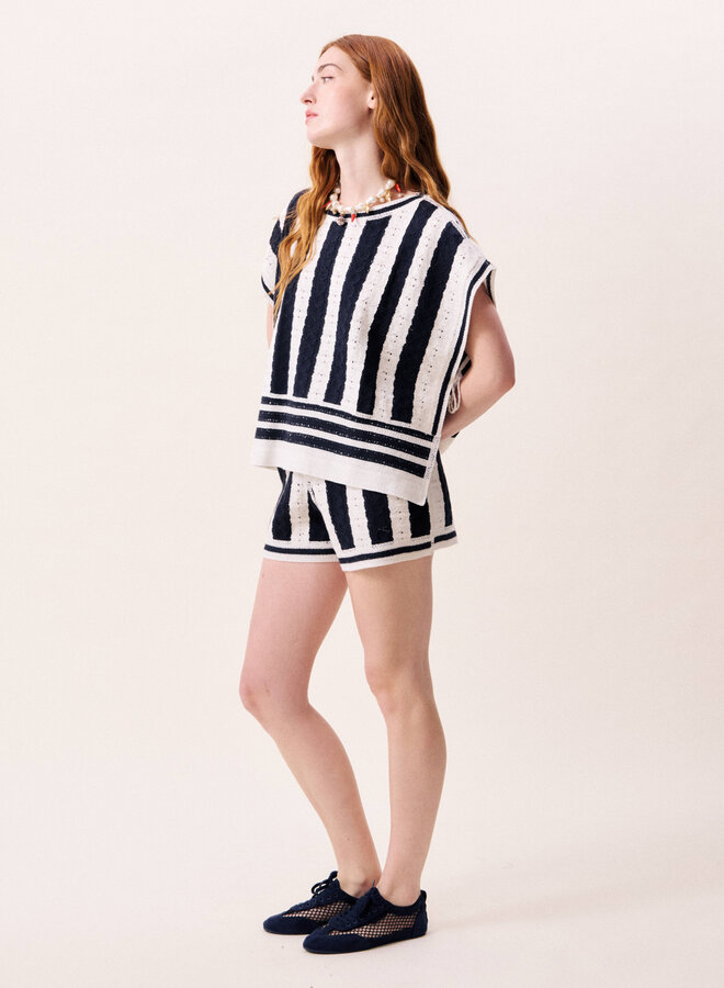 Haut Frnch Paris Debbie en crochet bleu marine rayé crème