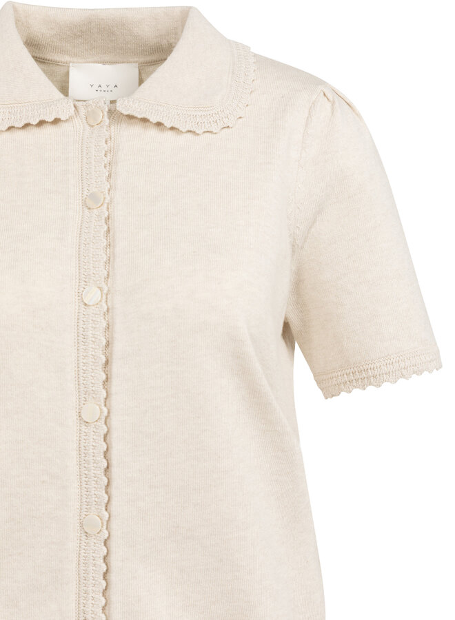 Cardigan Yaya à col classique à crochet beige & manches courtes mélange