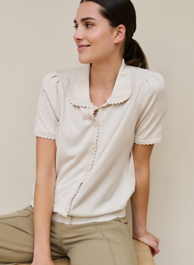 Cardigan Yaya à col classique à crochet beige & manches courtes mélange