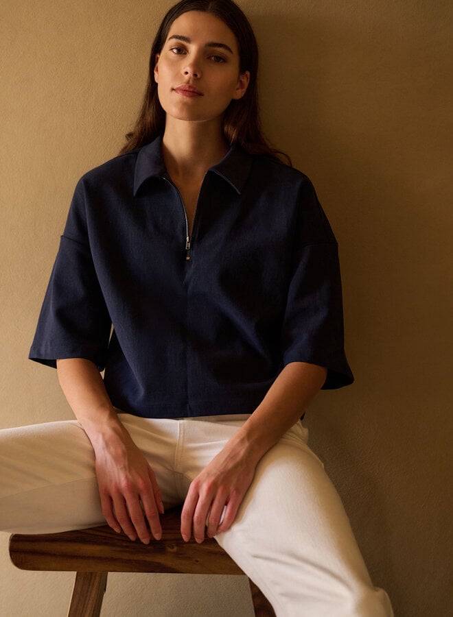 Haut Yaya à col classique à zip bleu marine