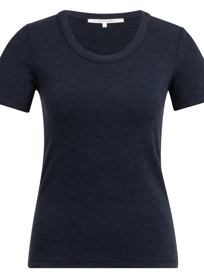 T-shirt Yaya à col rond dégagé bleu marine mélange
