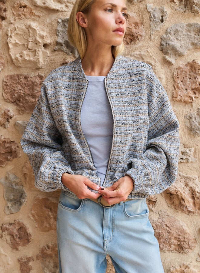 Veston bomber Yaya en tweed bleu pâle, beige & bleu marine