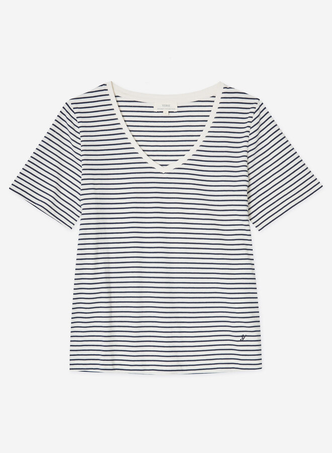T-shirt Yerse O-Stripes à col V rayé bleu marine & écru