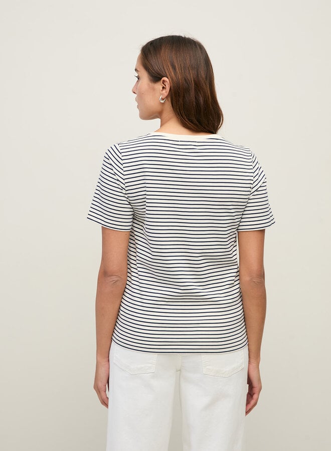 T-shirt Yerse O-Stripes à col V rayé bleu marine & écru