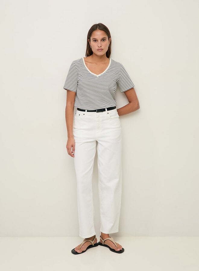 T-shirt Yerse O-Stripes à col V rayé bleu marine & écru