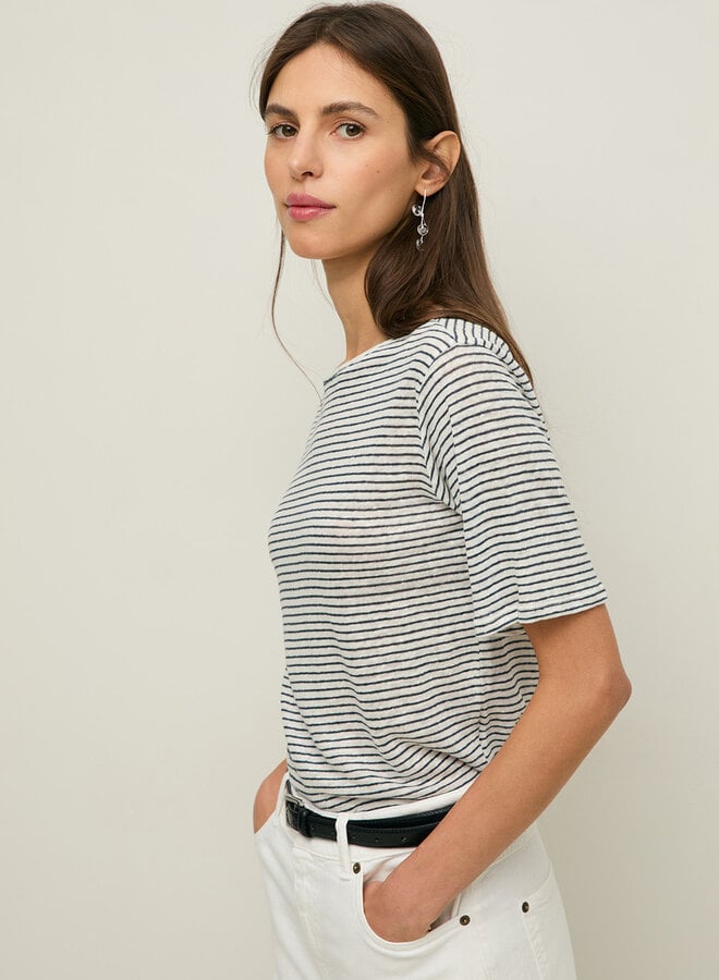 T-shirt Yerse Duna en lin rayé blanc & bleu marine