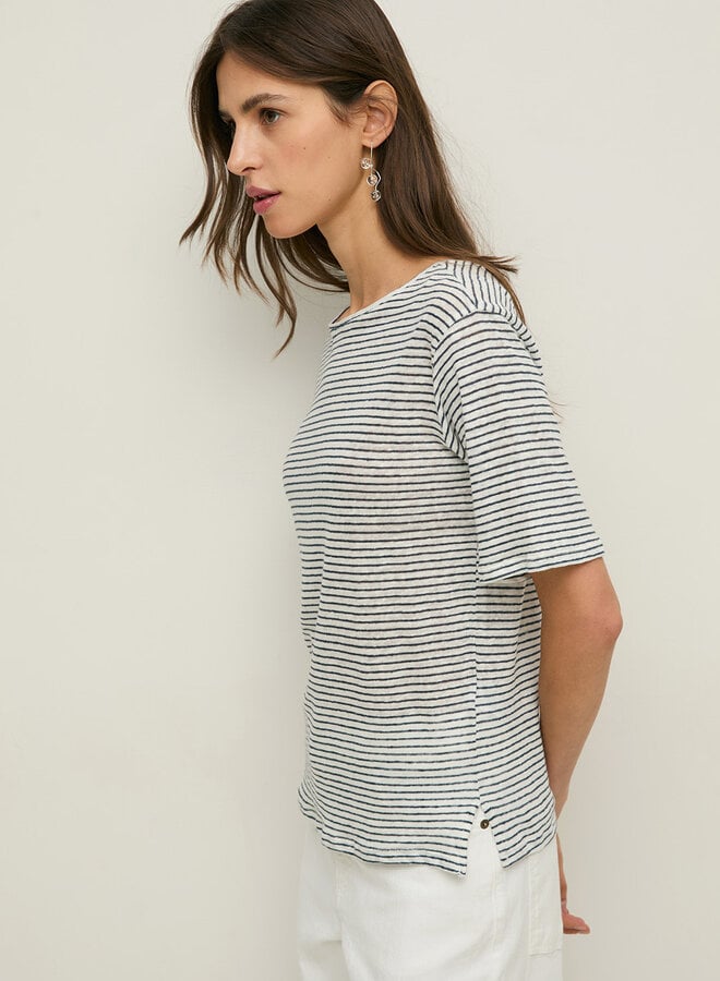 T-shirt Yerse Duna en lin rayé blanc & bleu marine