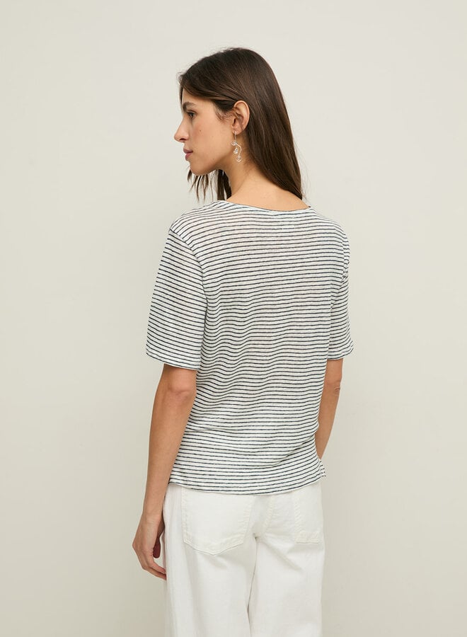 T-shirt Yerse Duna en lin rayé blanc & bleu marine