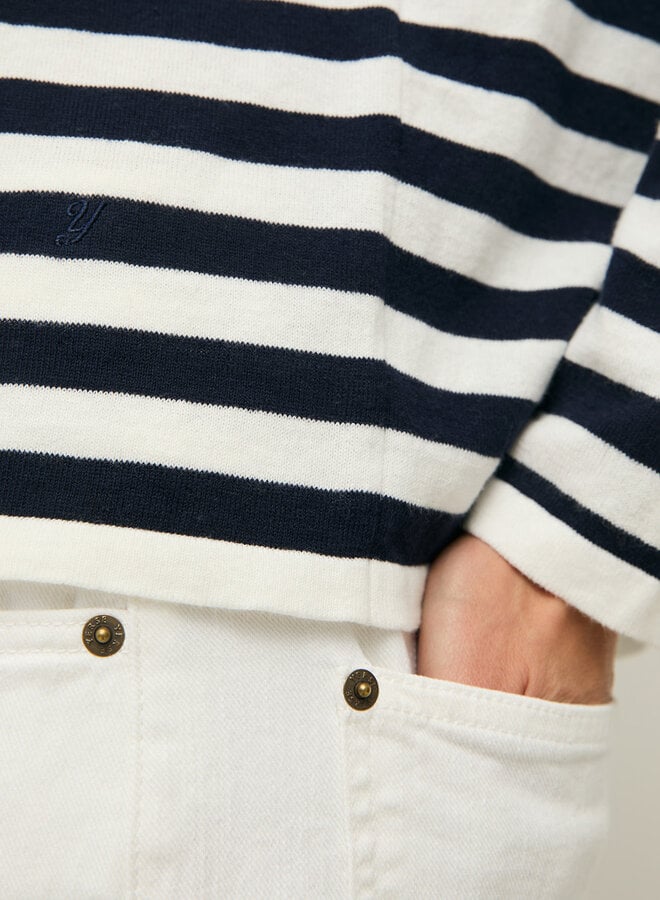 Tricot Yerse O-Clarins à col rond rayé bleu marine & blanc