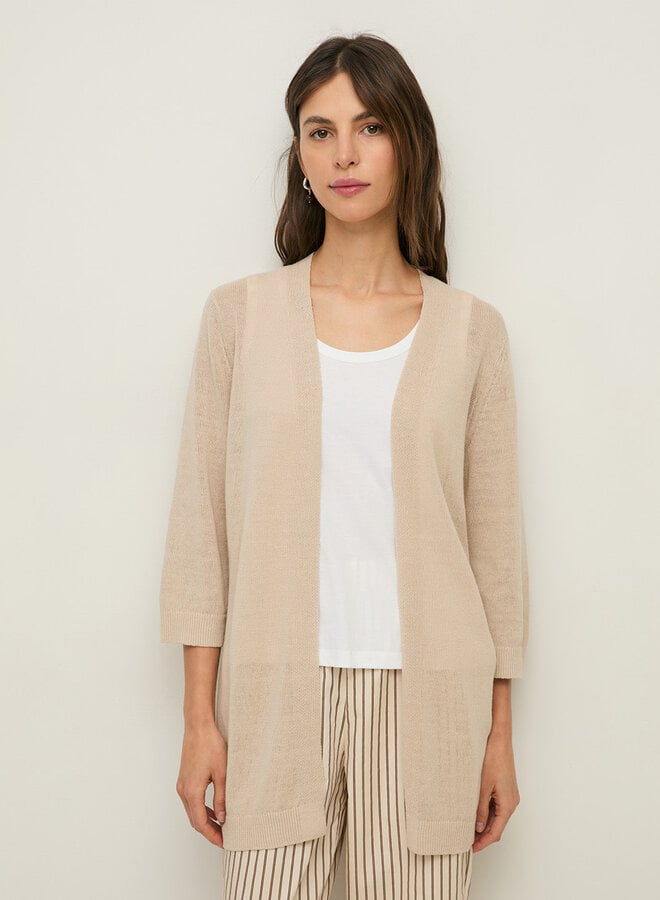 Cardigan mi-long Yerse Charlotte sans fermeture en lin beige