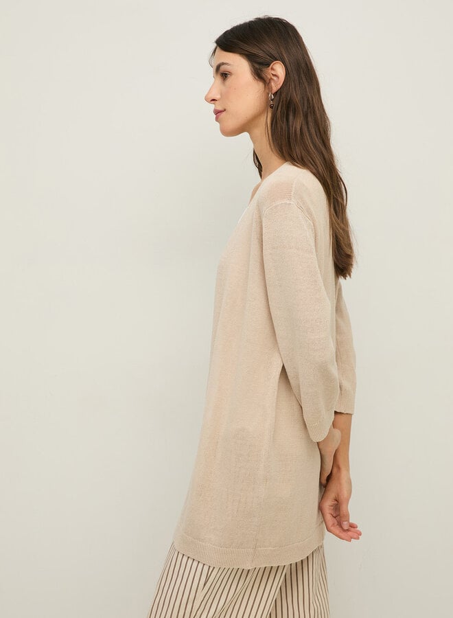 Cardigan mi-long Yerse Charlotte sans fermeture en lin beige