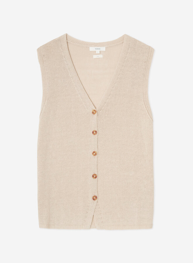 Débardeur Yerse Charlotte à col V boutonné en lin beige