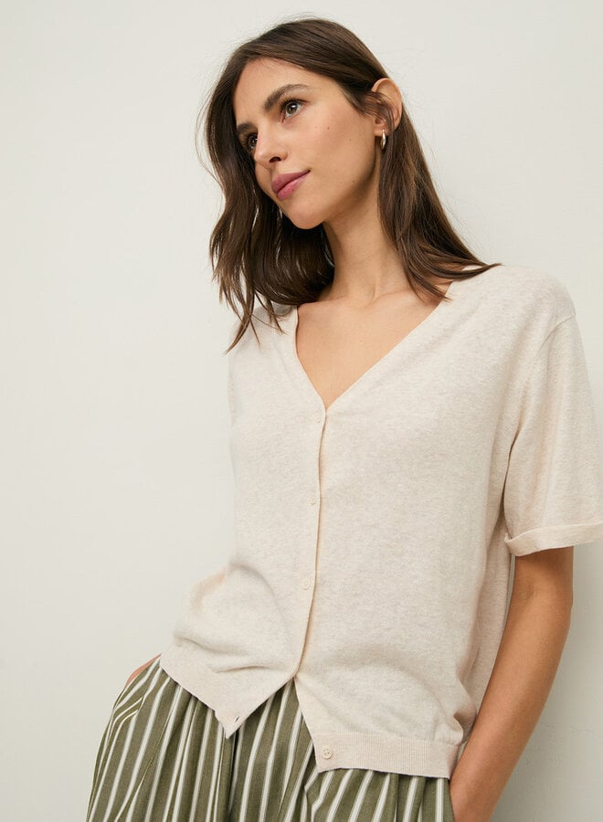 Cardigan Yerse Flax à manches courtes à col V boutonné écru mélange