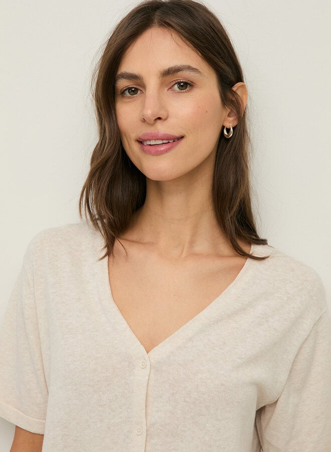 Cardigan Yerse Flax à manches courtes à col V boutonné écru mélange