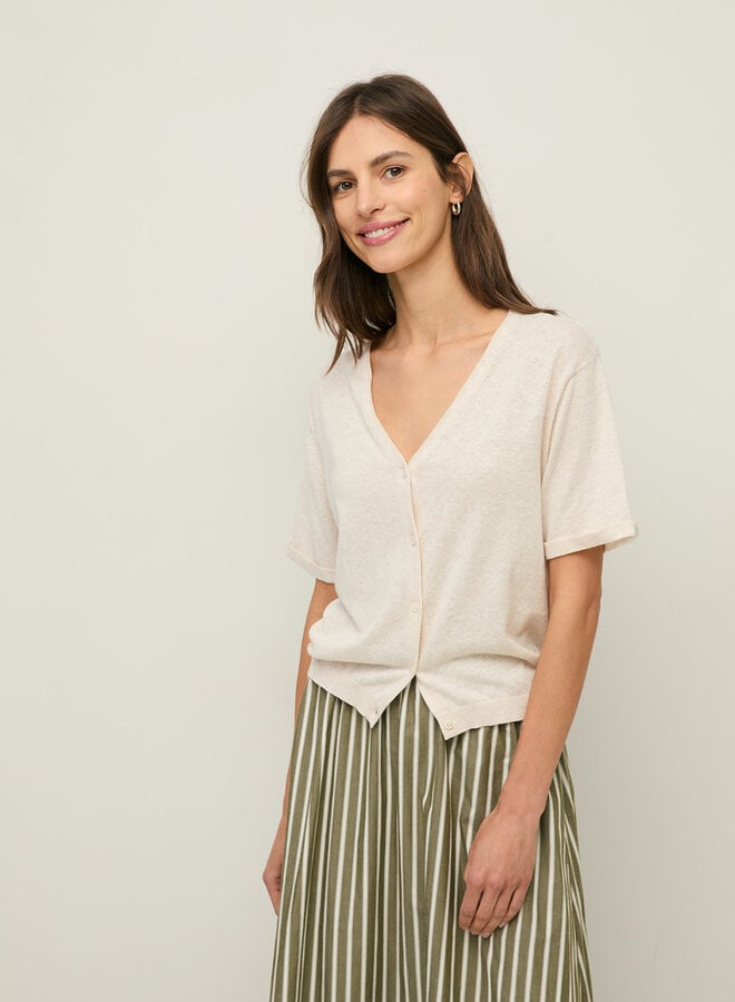 Cardigan Yerse Flax à manches courtes à col V boutonné écru mélange