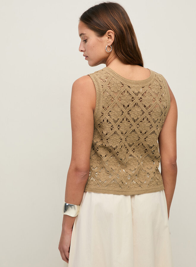 Gilet Yerse Sam sans manches en crochet beige khaki
