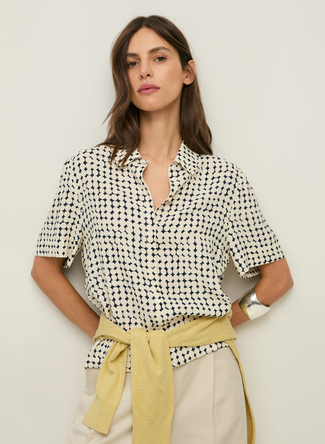 Blouse Yerse Ipanema bleu marine à ronds abstraits écrus