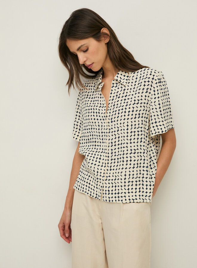 Blouse Yerse Ipanema bleu marine à ronds abstraits écrus