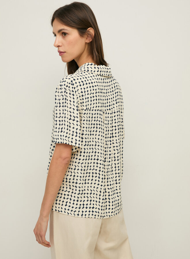 Blouse Yerse Ipanema bleu marine à ronds abstraits écrus