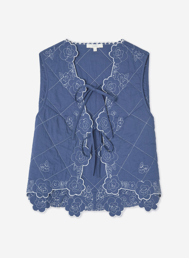 Gilet Yerse Cecilie sans manches bleu indigo fleuri blanc