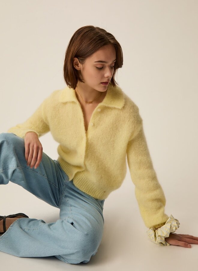 Cardigan Des Petits Hauts à col classique en mohair moelleux jaune beurre