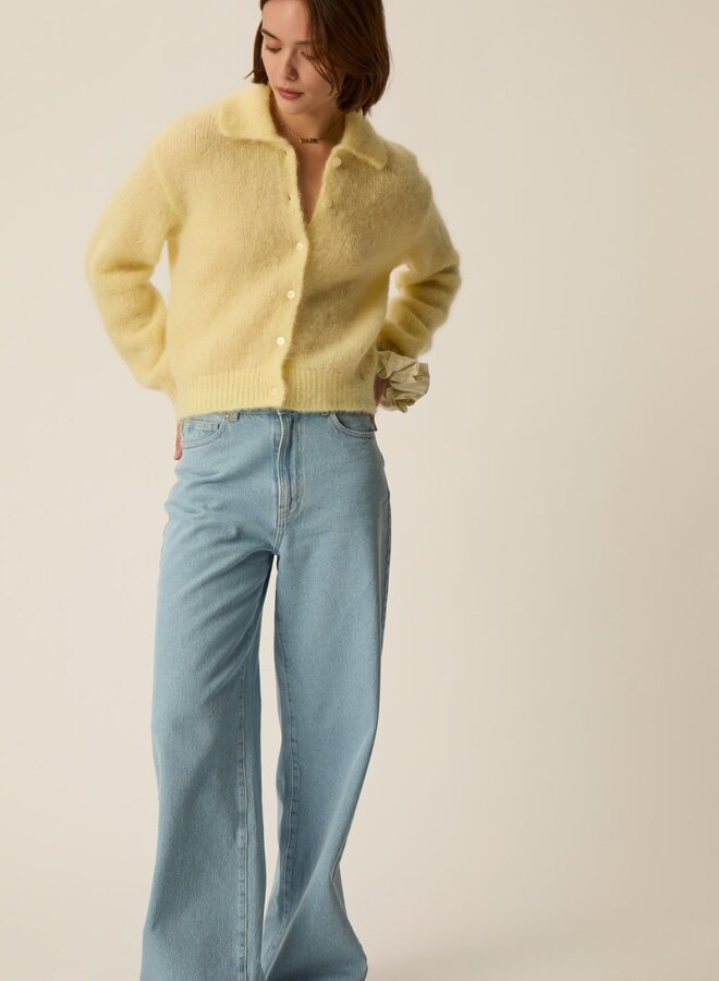 Cardigan Des Petits Hauts à col classique en mohair moelleux jaune beurre